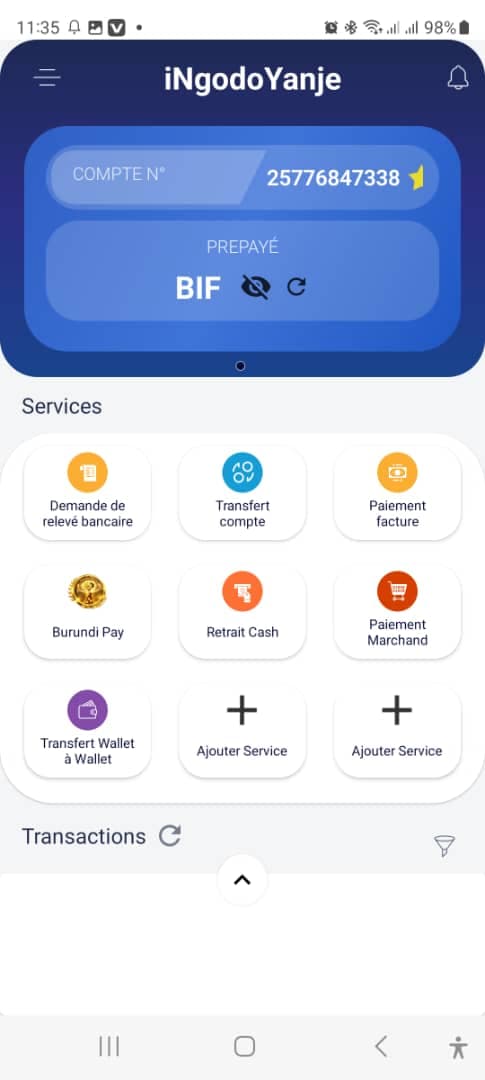Écran d'accueil de l'application iNgodoYanje affichant le solde du compte et une grille de services incluant les transferts, le paiement de factures et BurundiPay