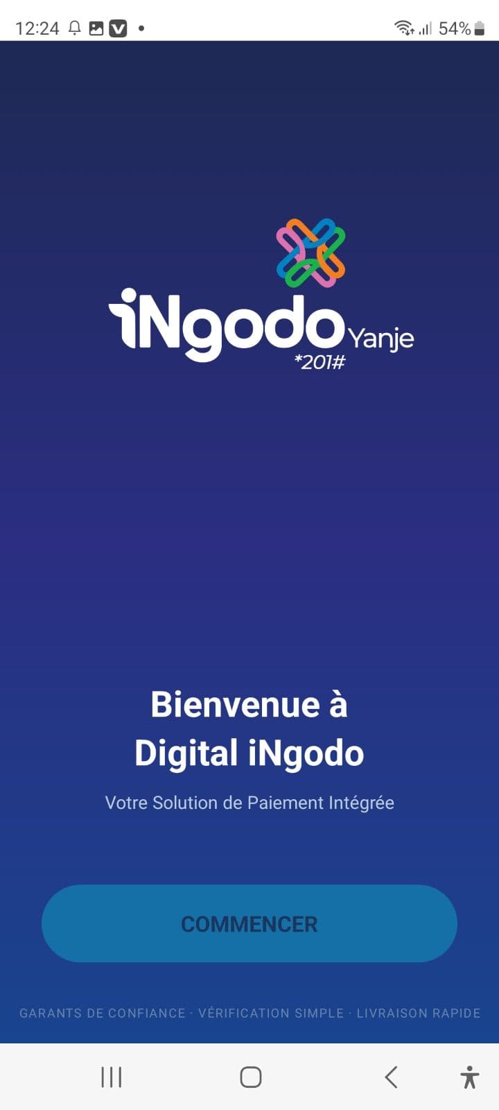 Écran de bienvenue de l'application iNgodoYanje avec le logo Digital iNgodo et le bouton Commencer